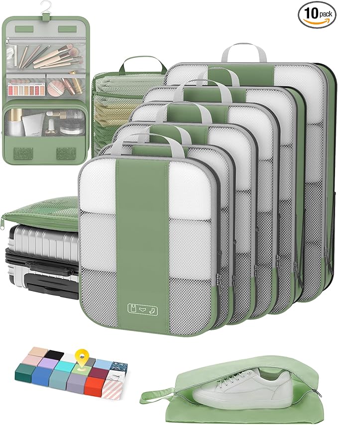 10 Set Compression Packing Cubes for Travel Essentials,Compressible Expandable Packing Cubes for Suitcase,OlarHike Luggage Organizer Bags for Travel,Handy Helper for Organizing Clothes(Matcha Green)