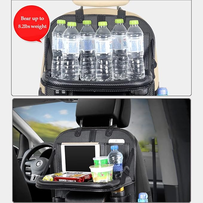 Car Backseat Organizer with Foldable Table Tray,Car Storage Organizer with Tablet Holder,Car Seat Back Protectors Kick Mats,Premium PU Leather Material,Compatible with Most Vehicles