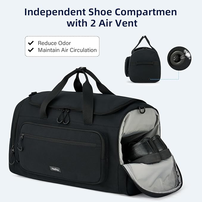 Large Travel Duffle Gym Bag with Shoe Compartment, Underseat Carry On Luggage Overnight Weekender Personal Item Workout Bags for Women Men (Black)