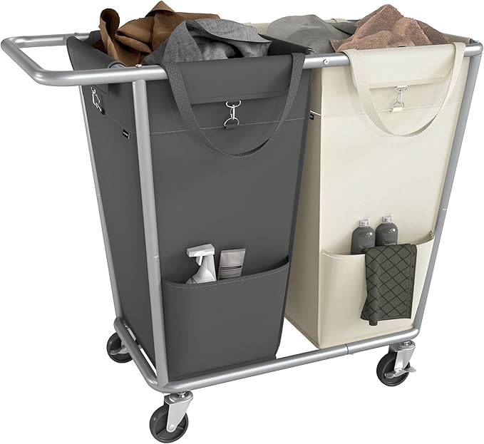 SONGMICS Laundry Basket with Wheels, 2-Section Laundry Sorter, 50.2 Gallons (190 L) Rolling Hamper with Removable Bags, Heavy-Duty Steel Frame, Cream White and Dark Gray URLS009X01