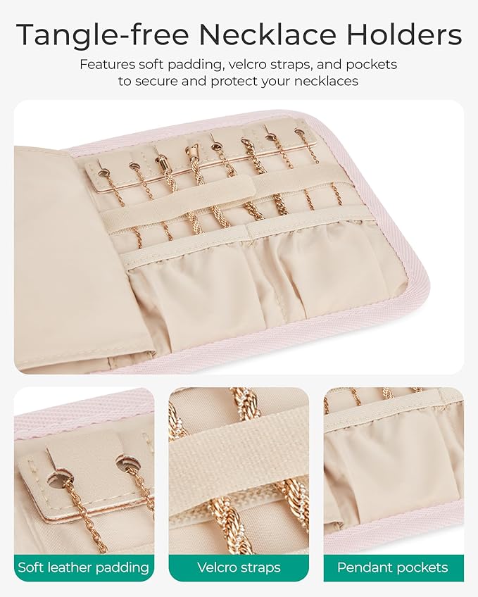 BAGSMART Travel Jewelry Organizer Case, Foldable Jewelry Roll for Necklaces, Earrings, Journey-Rings, Bracelets, Brooches, Portable, Beige