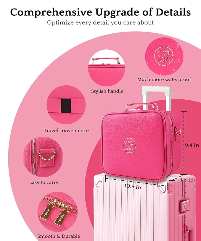 MOMIRA Travel Makeup Bag Cosmetic Bag with Lighted Mirror, Adjustable Brightness in 3 Color Scenarios/Detachable makeup mirror, All-round Upgrade, Waterproof, Gift for Women -Rose Red