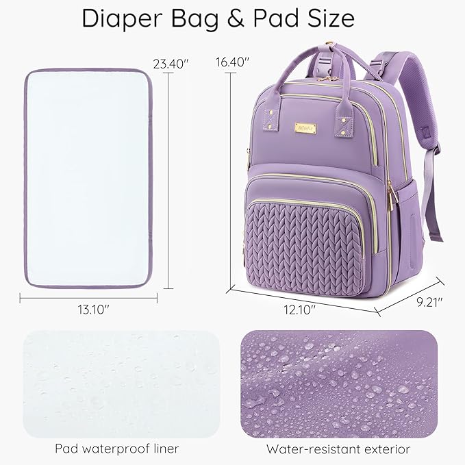 Diaper Bag Backpack - Large Multi functional, Boys, Girls & Baby Travel Essentials Tote with Changing Pad, Insulated Pockets, Stroller Straps, Waterproof - Baby Backpack for Mom & Maternity (Purple)