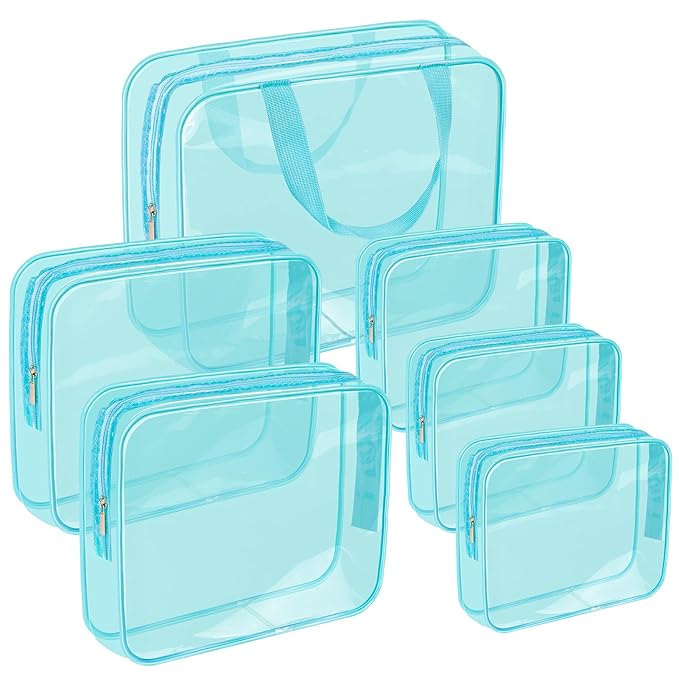 APREUTY Clear Makeup Bags, TSA Approved 6 Pcs Cosmetic Makeup Bags Set Clear PVC with Zipper Handle Portable Travel Luggage Pouch Airport Airline Vacation Organization(Light Blue)