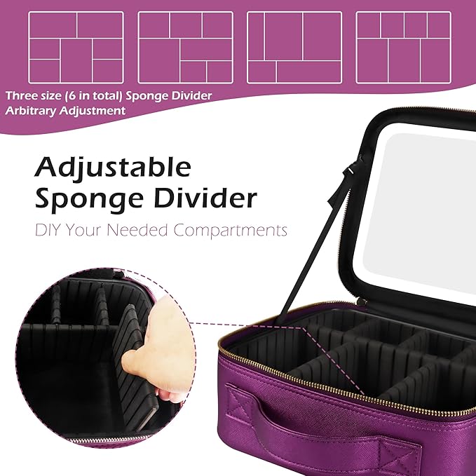 MOMIRA Travel Makeup Bag Cosmetic Bag Makeup Organizer Bag with Lighted Mirror, Adjustable Brightness in 3 Color Scenarios, Waterproof Makeup Train Case, Gift for Women - Brilliant Purple