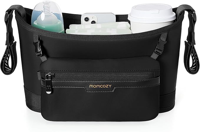 Momcozy Universal Stroller Organizer | Minimalist Caddy with 2 Insulated Bottle Holder | Silicone Anti-Slip Straps | Detachable Mini Pouch | Durable Dense-Weave, Fits for UPPAbaby/Doona & More