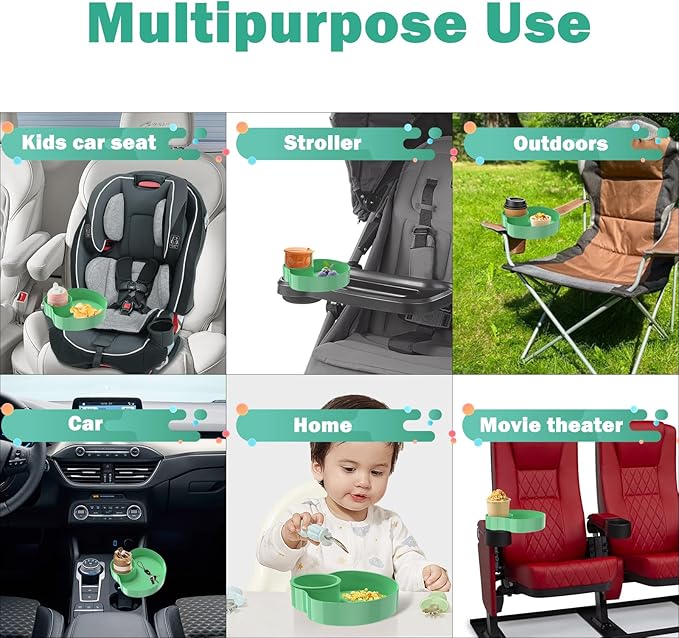 [2 Packs] Kids Car Seat Tray, Travel Tray with Cup Holder for Toddler Baby, Kids Car Seat Food Snack Organizer for Road Trip, Stroller snack Organizer Travel Must Haves (Light Green)