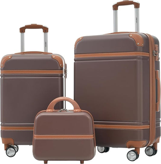Merax Luggage Set 2 Piece Suitcase Set with Cosmetic Case Expandable Spinner Wheels Vintage Luggage Sets (Brown,20"+24")