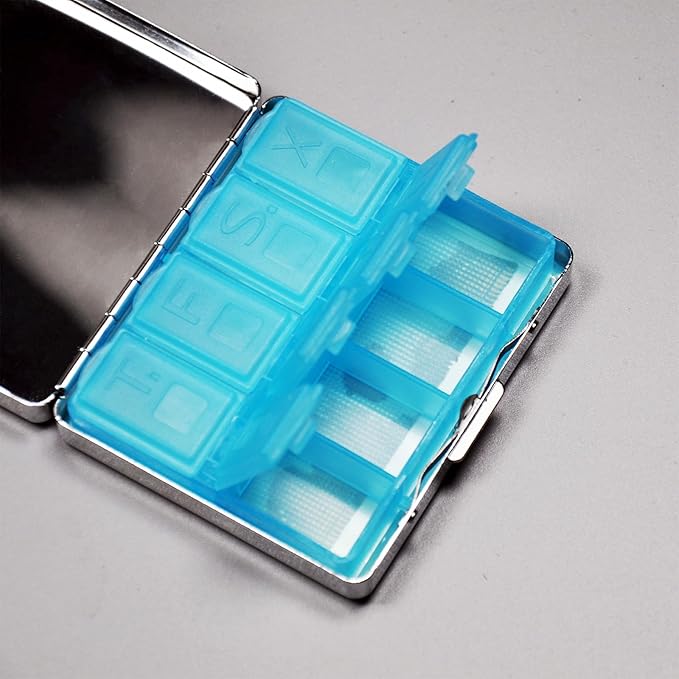 Silver Vintage Pill Box 7 Day Metal Pill Box with Mirror and 8 Compartments Cute Travel Pill Organizer for Purse (Vintage Poison Label)