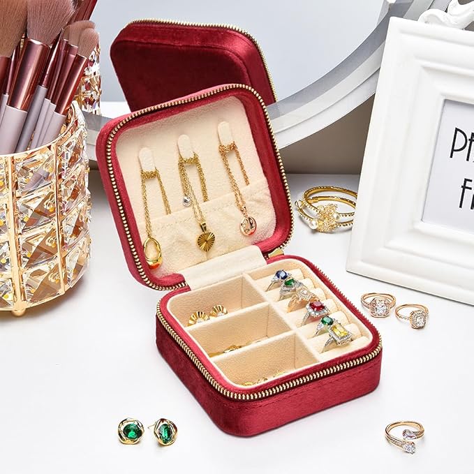 Travel Jewelry Case, Small Plush Velvet Jewelry Box for Women and Girls, Portable Jewelry holder organizer for Rings Earrings Necklaces Bracelets(Burgundy)
