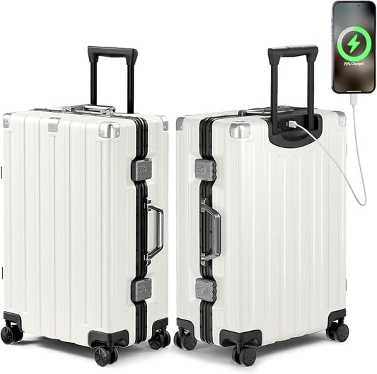 Krute Checked Aluminum Frame Suitcase 24 Inch Zipperless Luggages Hardside PC Luggage With Spinner Wheels TSA Lock USB Charger Suitcases(1 Piece)