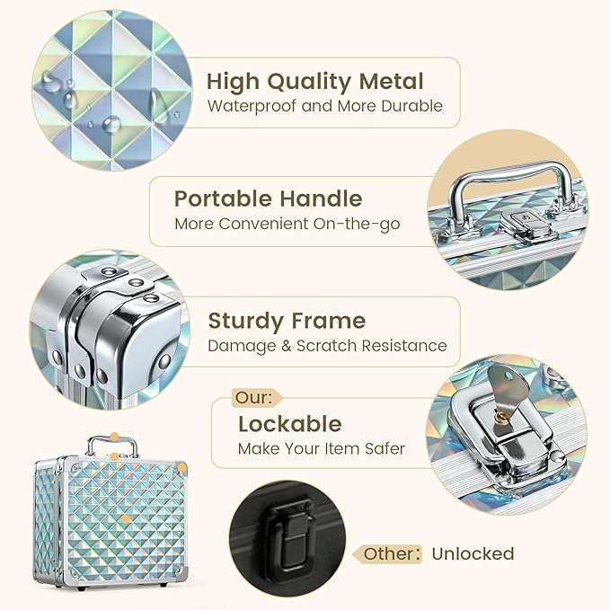 Makeup Case with Magnetic LED Mirror Travel Cosmetic Organizer Portable Makeup Box with Lighted Up Mirror Make Up Vanity Nail Box Lipstick Artist Storage with Lockable Dividers Brush Holder Shiny Blue