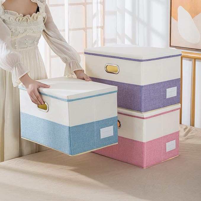 PRANDOM Large Foldable Storage Bins with Lids [3-Pack] linen Fabric Decorative Storage Boxes Organizer Containers Baskets Cube with Handles Divider for Bedroom Closet Purple&Cream(17.7x11.8x11.8)