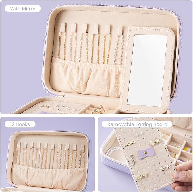 Lolalet Travel Jewelry Case for Women, Travel Jewelry Organizer Box with Mirror & Clear Storage Bag, Small Portable Traveling Earring Necklace Bracelet Ring Case, Bridesmaid Gifts -Medium, Purple