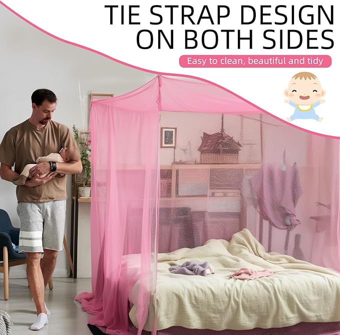 4 Corners Mosquito Net for Mosquiteros para Camas Bed Canopies Netting Bed Drapes Rectangular Mosquito Mesh for Camping Home Outdoor Travel(Pink,L75 X W59 X H67 Inch,Opening)