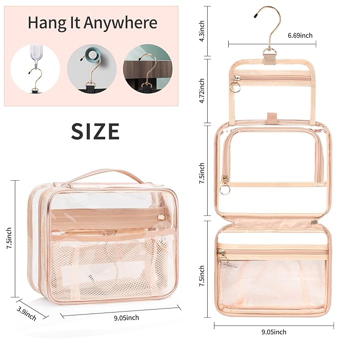 CUBETASTIC Clear Toiletry Bag for Women, Small Travel Bag with 360° Hanging Hook Clear Makeup Bags for Travelling Portable Cosmetic Organizer Case Skincare Pouch