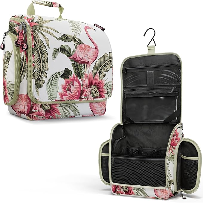 VENTURE 4TH Hanging Travel Toiletry Bag for Women & Men - Travel Organizer with Expandable Compartments & Removable Clear Pouch for Toiletries (Pink Flamingo)