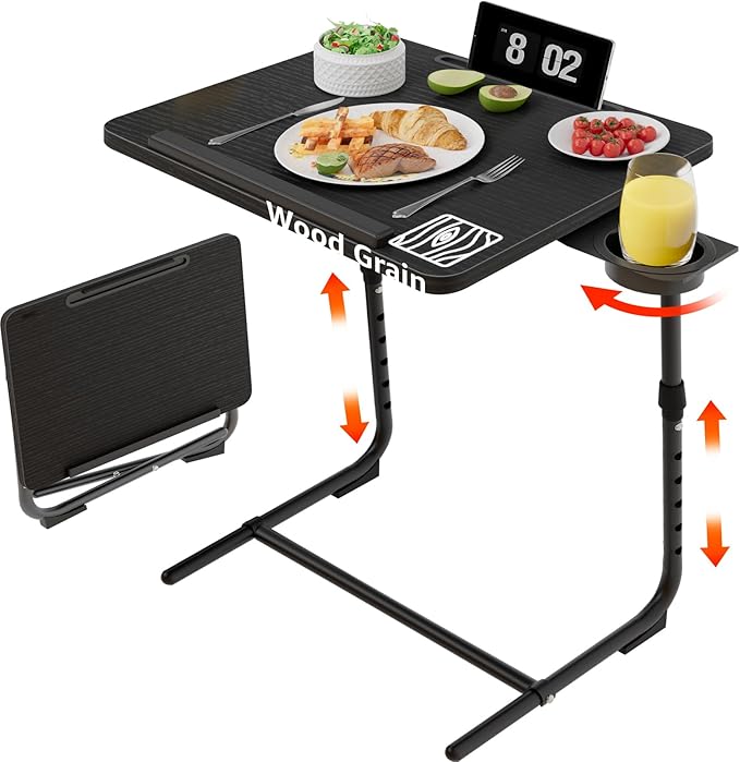 Adjustable TV Tray Black Dinner - Folding Trays for Eating On Couch Wooden Tables Mate Stand Foldable Desk with Cup Holder Portable