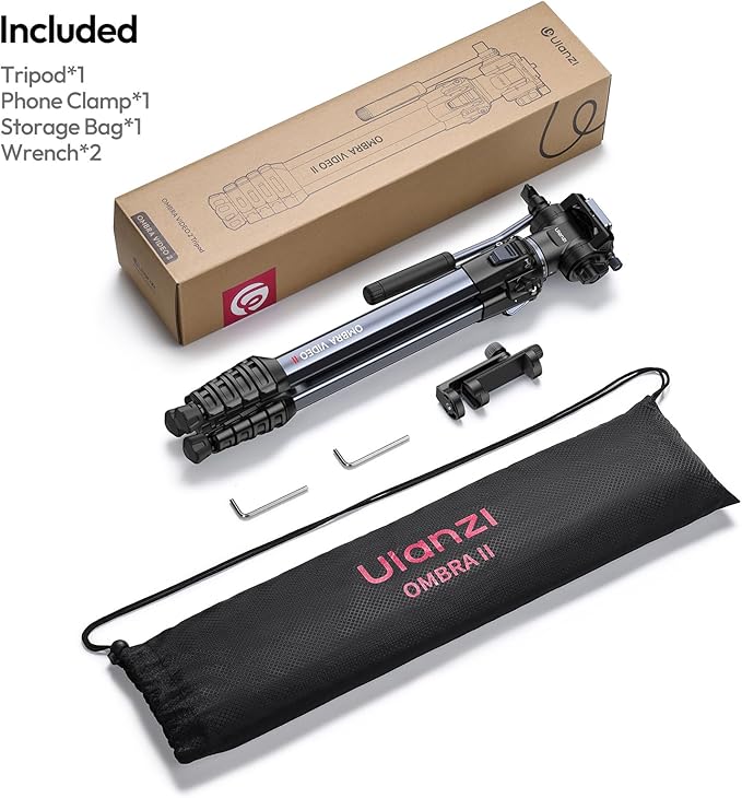 ULANZI Ombra Video Ⅱ Camera Tripod with Fluid Head, 61.5" Travel Tripod with 360° Rotated Arca Quick Release Plate, Portable Stand for Phone Camera Vlogging Video Shooting with Carry Bag Phone Clamp