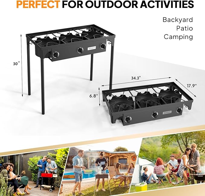 ROVSUN 3 Burner Propane Gas Stove, 225,000 BTU High Pressure Outdoor Camping Burner with CSA Listed Regulator, Picnic Cooker Perfect for Home Brewing Maple Syrup Patio Turkey Frying Canning