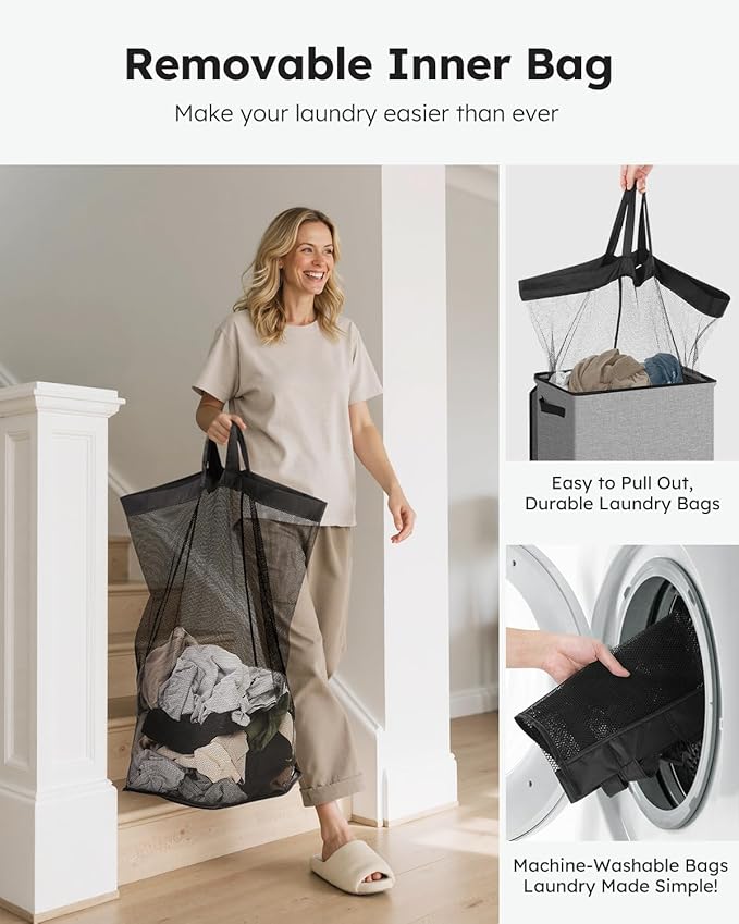 SOLEDI Laundry Hamper with Lid 100L Large & Tall Collapsible Laundry Basket, Clothes Hamper with Bag Removable Easy to Carry, Dirty Hampers for Bedroom, Bathroom, Dorm, College, Grey