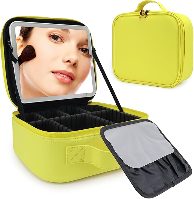 Travel Makeup Bag with LED Mirror Travel Makeup Organizer with 3 Lighted Settings, Adjustable Dividers and Makeup Brush Storage Bag Yellow