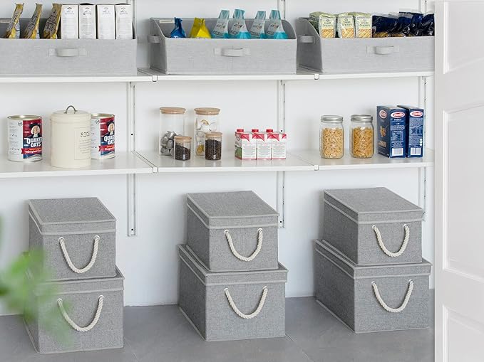StorageWorks Storage Bins with Lids, Decorative Storage Boxes with Lid and Soft Rope Handles, Foldable Storage Baskets for Closet, Shelves, Stackable, 3-Pack, Gray, Large