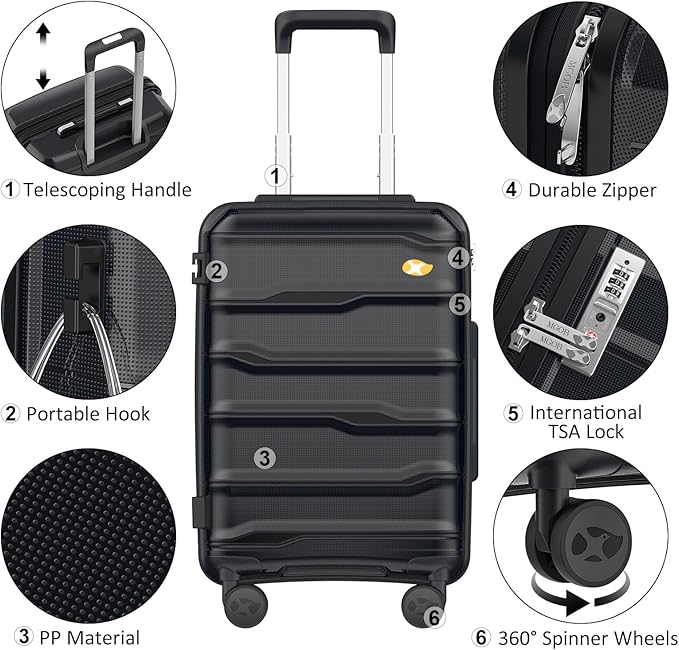 24 Inch Luggage with Spinner Wheels, Hard Shell Suitcase, Lightweight PP Luggages with TSA Lock, Checked-Medium Suitcases 24-Inch, Black