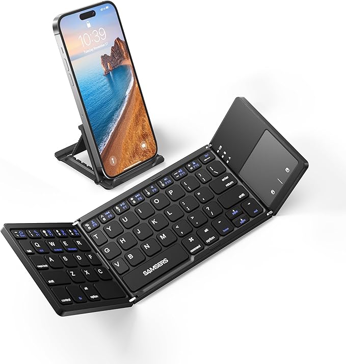 Samsers Foldable Bluetooth Keyboard with Touchpad - Portable Wireless Keyboard with Holder, Rechargeable Full Size Ultra Slim Pocket Folding Keyboards for Android Windows iOS Tablet & Laptop - Black