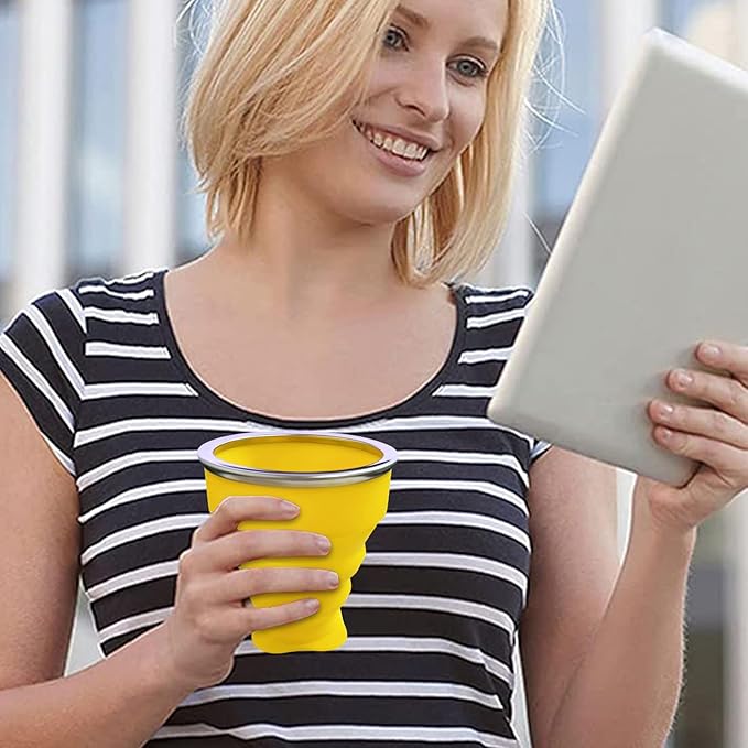 Collapsible Cup - Silicone Foldable Cup-Expandable Folding Drinking Reusable Portable Mugs Cups For Travel, Camping, Hiking, Survival, Car, Picnic, Beach, Holiday Vacation, Outdoor Sports Yellow