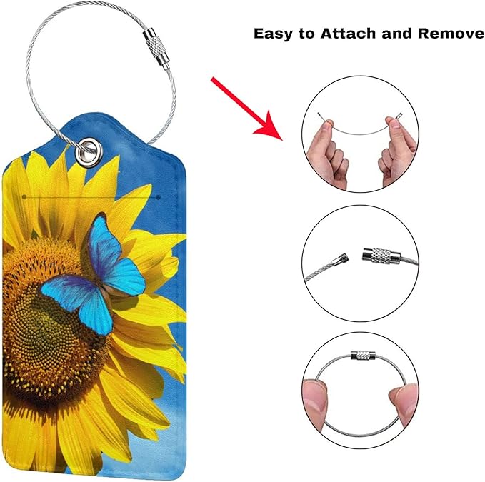 Set of 2 Pretty Sunflower Luggage Tags with Blue Butterfly Pattern, Yellow Flower Leather Suitcase Tag Privacy Name ID Card Travel Bag Labels with Stainless Steel Loop Birthday Gifts for Women Girls