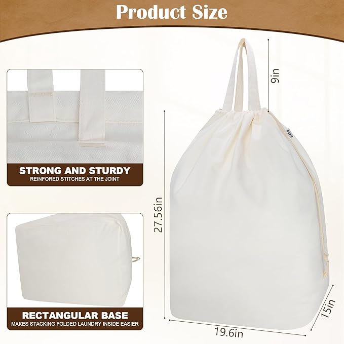 Canvas Laundry Bags with Handles & Rectangular Base, 90L Extra Large Heavy Duty Laundry Basket Hamper Liner Replacement, Washable Cotton Drawstring Dirty Clothes Bag