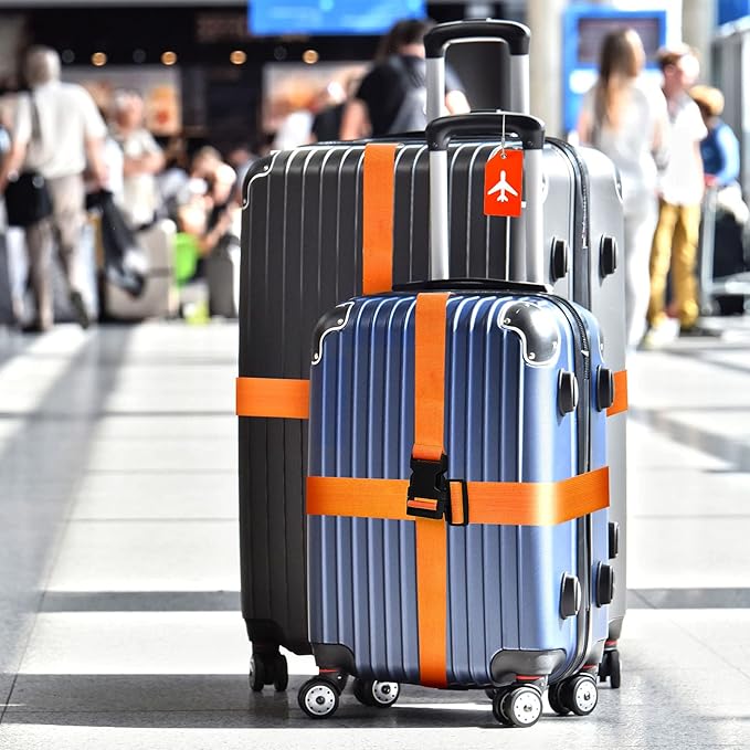Weewooday 8 Pcs Luggage Straps Suitcase Tags Set for TSA Approved, 4 Travel Adjustable Suitcase Belt, 4 Silicone Luggage Tags with Name ID Card Travel Accessories(Orange,Airplane)