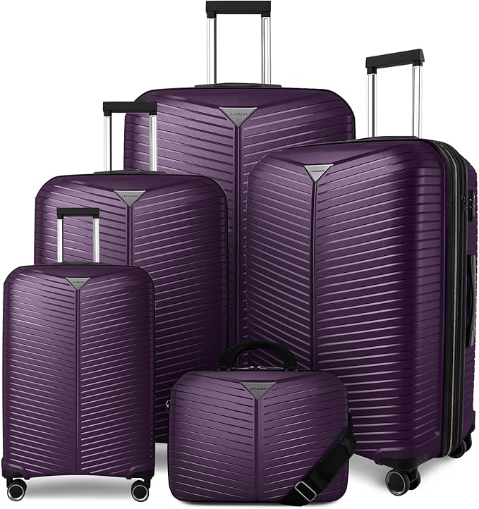 LEAVES KING LARVENDER Luggage Sets 5 Piece, Expandable(Only 24"&28") PP Suitcase with Spinner Wheels, Durable Luggage Sets Clearance Carry On Luggage Suitcase Set For Women Men, Purple