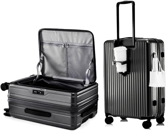 HotWay 26 Inch Expandable Checked Luggage with Cup Holder, Hardside TSA Approved Luggage with Spinner Wheels, Top Opening Suitcase For Travel, Black