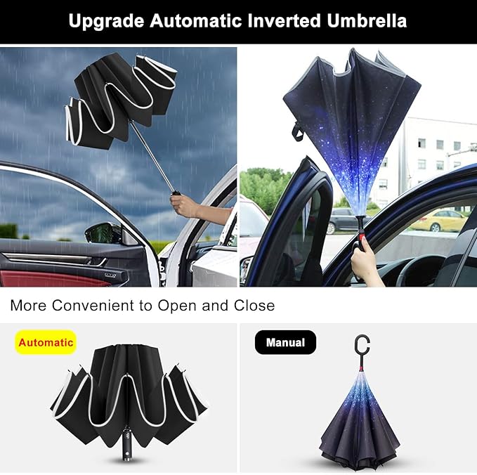 Lejorain Folding Reverse LED Umbrella - Upside Down Reflective Umbrellas Compact Inverted Travel Windproof Umbrella Auto Open Close for Rain