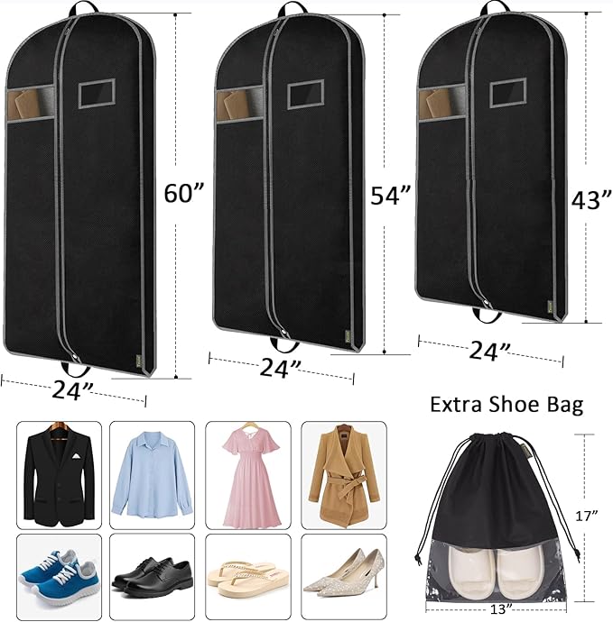 BALEINE 2PK Heavy Duty Garment Bag with Shoe Storage Travel Bag for Dresses, Suit, Coats Travel Essential (60", Black)