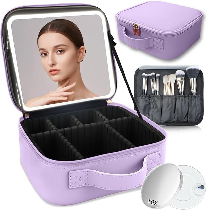 Makeup Bag with Led Mirror,Travel Makeup Organizer with 3 Color Setting & 10X Magnifying Mirror, Portable Storage and Adjustable Dividers Travel Makeup Bag-Purple