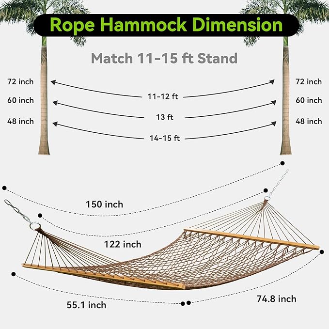 Double Hammock for 2 Person, Handwoven Cotton Rope Hammock with Spreader Bar - Indoor & Outdoor Use for Patio, Poolside, Backyard (Brown)