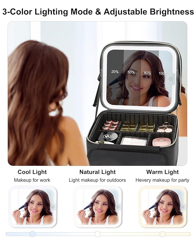 Relavel Makeup Bag with LED Mirror, Small Travel Makeup Case with Rechargeable Lighted Mirror 3 Color Lights, Double Layer Cosmetic Box Makeup Brush Lipstick Holder Organizer for Women, Black