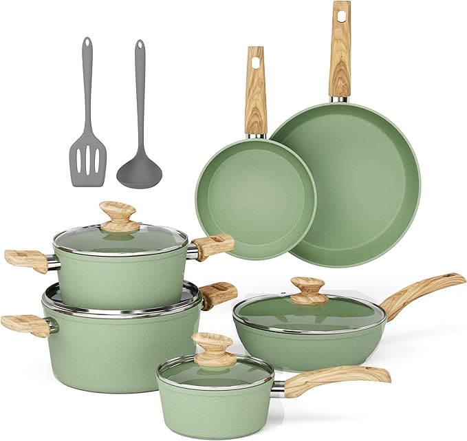 MAISON ARTS Pots and Pans Set Non Stick, 12 Piece Green Granite Kitchen Cookware Induction Compatible, Pot and Pan Sets for Cooking Nonstick