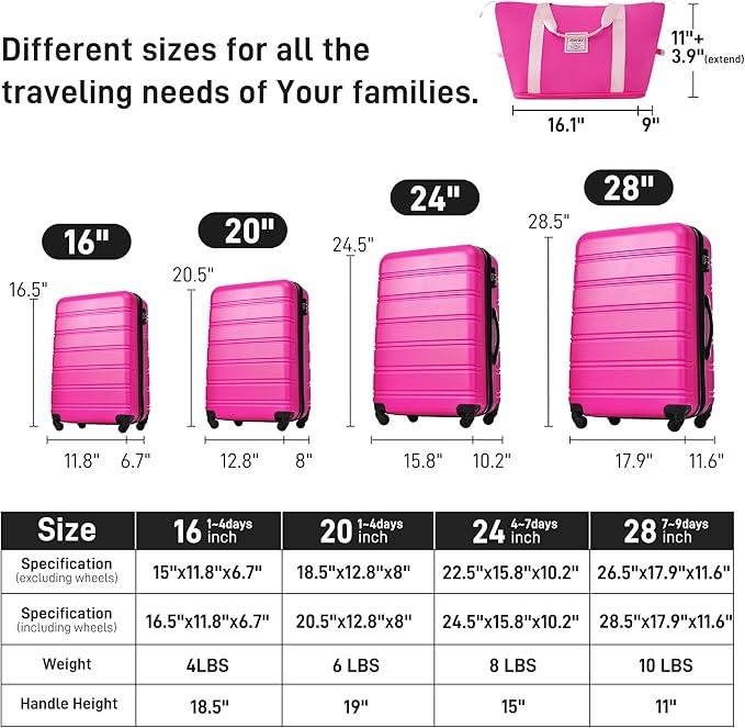 Merax Luggage sets of 13 Piece 16 20 20 28 IN Carry on Luggage Hard Case Pink Luggage Expandable Checked Luggage Suitcase Set with Wheels