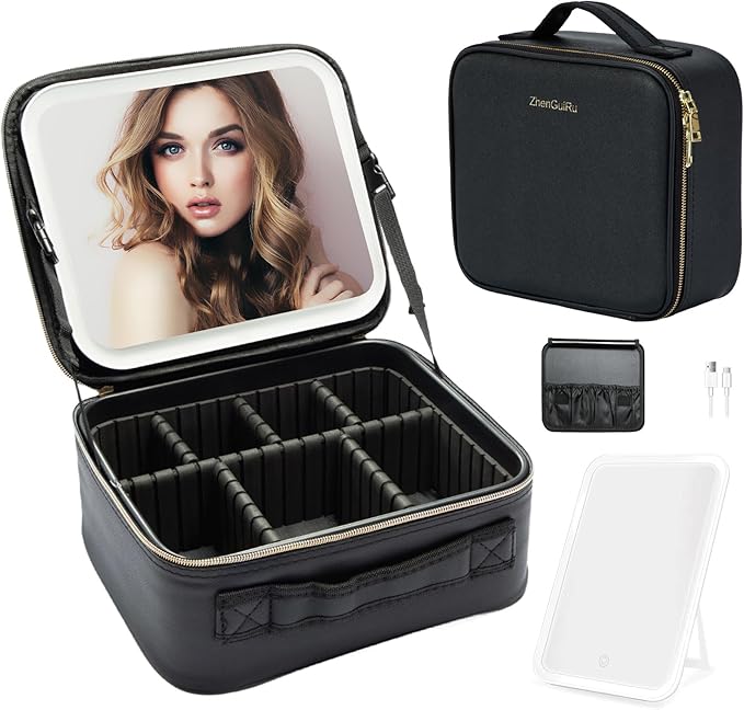 Travel Makeup Bag with LED Mirror – Waterproof Cosmetic Train Case with Adjustable Dividers, Portable Makeup Organizer and Toiletry Bag for Women, Teens & Girls Gift, Black