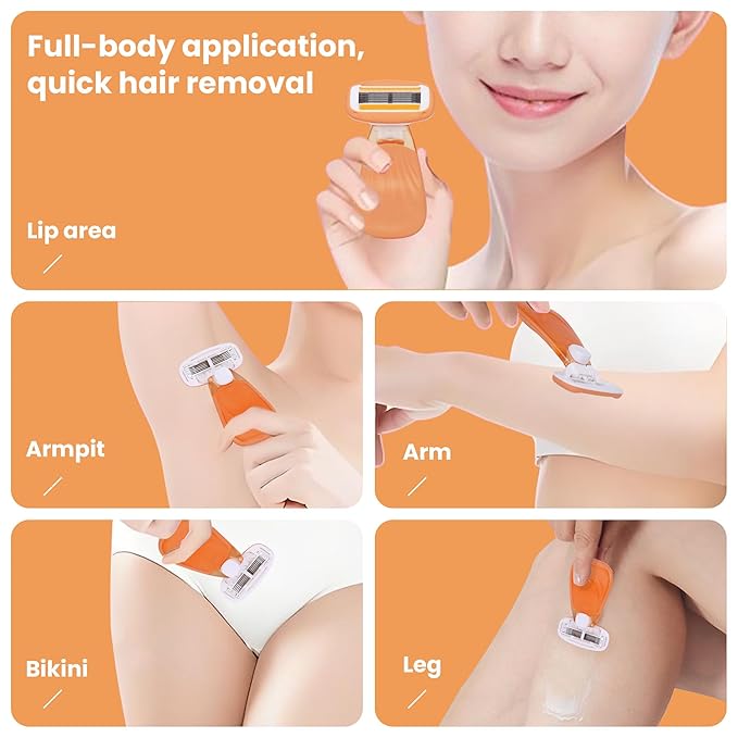 Mini Travel razor Kit for women with moisturizing bar - 1 Handle and 3 Cartridges - Extra Smooth 5-blade With Case for Close Shaving - Orange