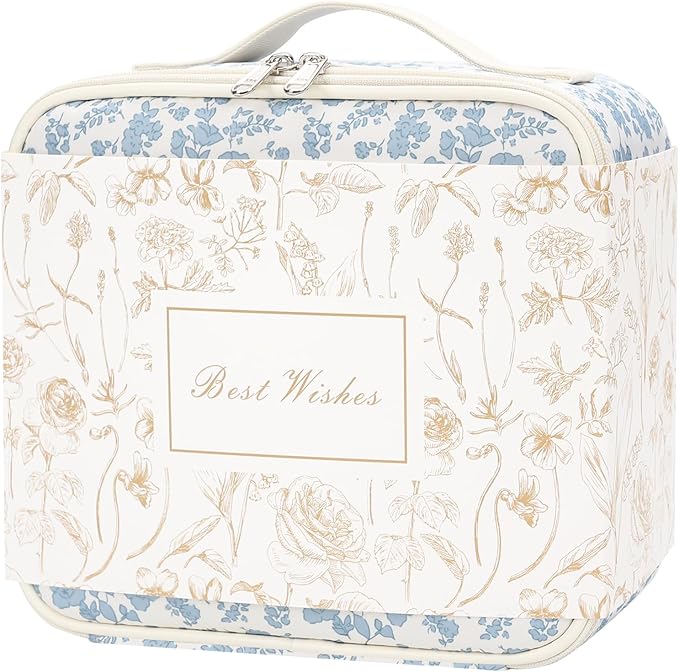 Chomeiu Makeup Bag with LED Mirror, Cute Cosmetic Bags Birthday Gifts for Girls Women, Makeup Train Case Artists Organizer Large Make Up Bags with Light Up Mirror 3 Color Lights, Floral Print