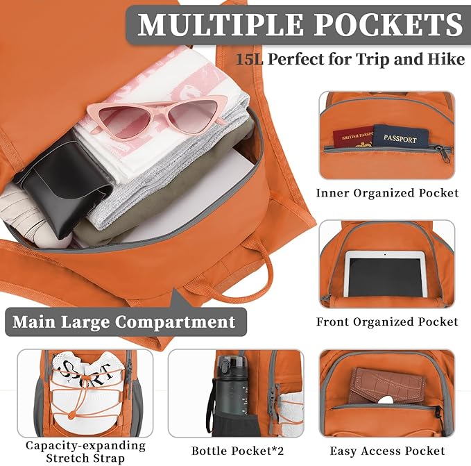 ZOMFELT Hiking Backpack for Women Men, 15L Lightweight Packable Backpacks for Trip, Water Resistant Small Travel Backpack, Foldable daypack for Hiking, Walking, Cycling, Camping, Orange