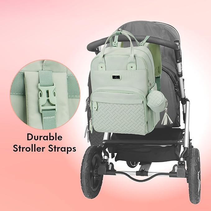 Dikaslon Diaper Bag Backpack with Portable Changing Pad, Pacifier Case and Stroller Straps, Large Unisex Baby Bags for Boys Girls, Multipurpose Travel Back Pack for Moms Dads, Mint Green