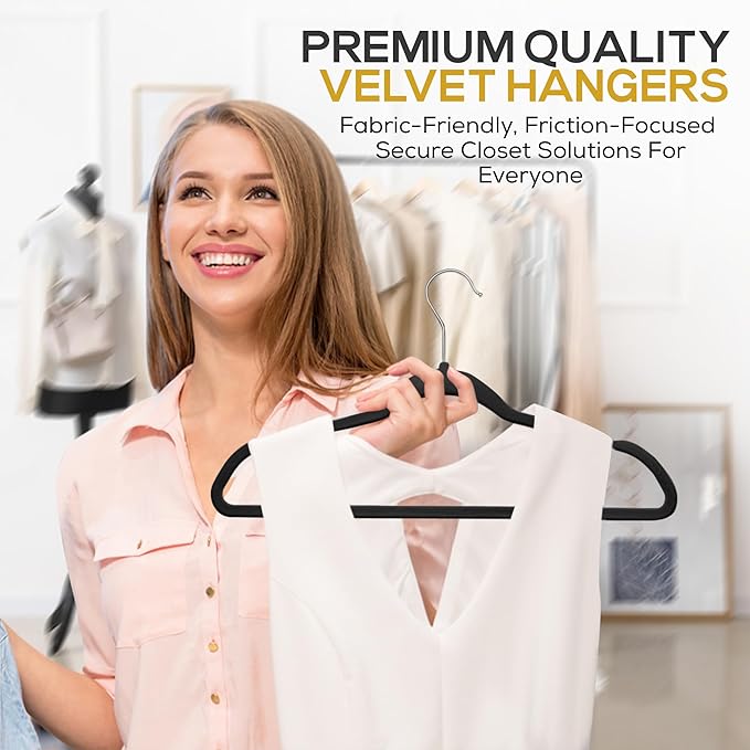 50 Pack New Premium Quality Velvet Hangers Ultra Thin Non Slip Adult Felt Space Saving Hangers for Closet Heavy Duty Coat Pants Jackets Dress Hangers 360° Swivel Hook Hold Upto 10 lbs Black
