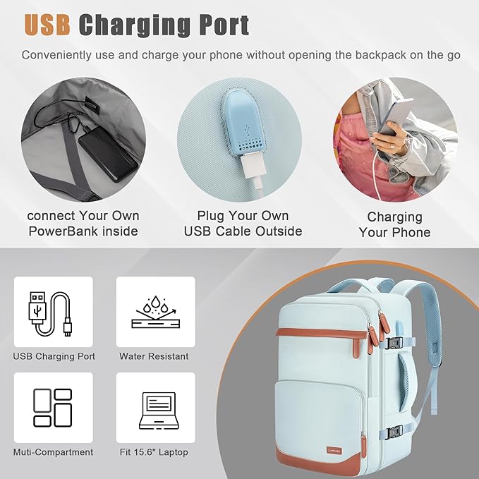 40L Travel Backpack with USB Charging Port, Water-Resistant Carry On Backpack for Men Women, Business Laptop Backpack for Trips & Commutes, Fits 15.6/17.3 Inch Laptop