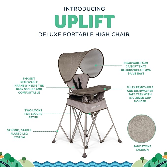 Baby Delight Go with Me Uplift Deluxe Portable High Chair | Travel High Chair | Sun Canopy | Indoor and Outdoor | Sandstone